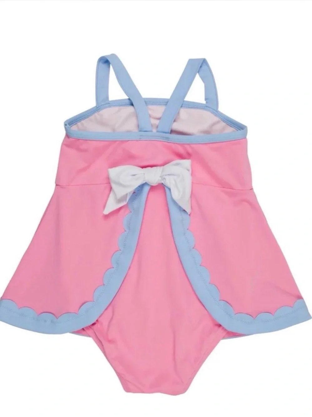 The Beaufort Bonnet Company Pink Swim Dress with Light Blue Trim and bow